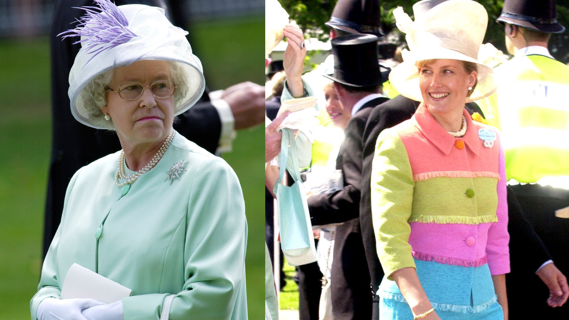 Queen Elizabeth wearing a mint green coat and grimacing and Duchess Sophie wearing a rainbow colored jacket and huge hat