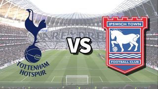 The Tottenham Hotspur and Ipswich Town club badges on top of a photo of Tottenham Hotspur Stadium in London, England