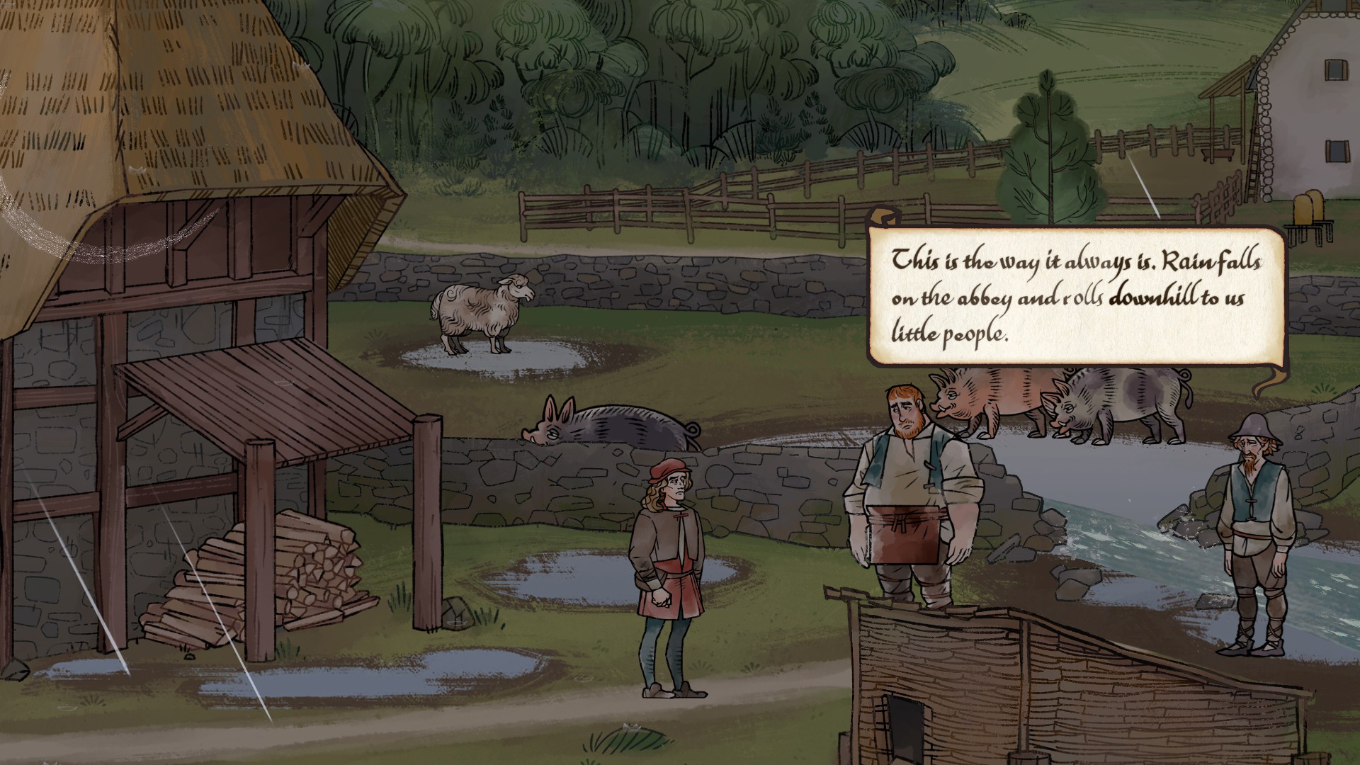 Andreas speaking to villagers on a farm in Pentiment