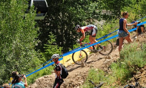 A racer descending the last steep pitch before reaching the finish