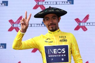 ARRATE SPAIN APRIL 09 Daniel Felipe Martinez Poveda of Colombia and Team INEOS Grenadiers celebrates at podium as Yellow Leader Jersey race winner during the 61st Itzulia Basque Country 2022 Stage 6 a 1357km stage from Eibar to Arrate itzulia WorldTour on April 09 2022 in Arrate Spain Photo by Gonzalo Arroyo MorenoGetty Images