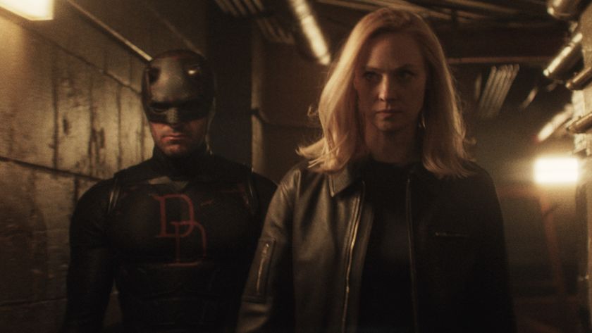 Matt Murdock (Charlie Cox) and Karen Page (Deborah Ann Woll) walk on Daredevil: Born Again.