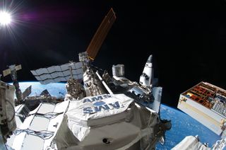 International Space Station with Shuttle Atlantis and Soyuz Docked