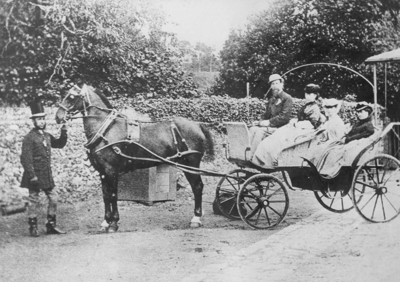 Author Charles Dickens (1812-1870) pictured with his wife, Catherine Dickens (1815-1879), and two of their daughters, seated in a horse-drawn carriage, in about 1850. Recently rediscovered letters have shed new light on Catherine&#039;s relationship with her children after her divorce from Charles.