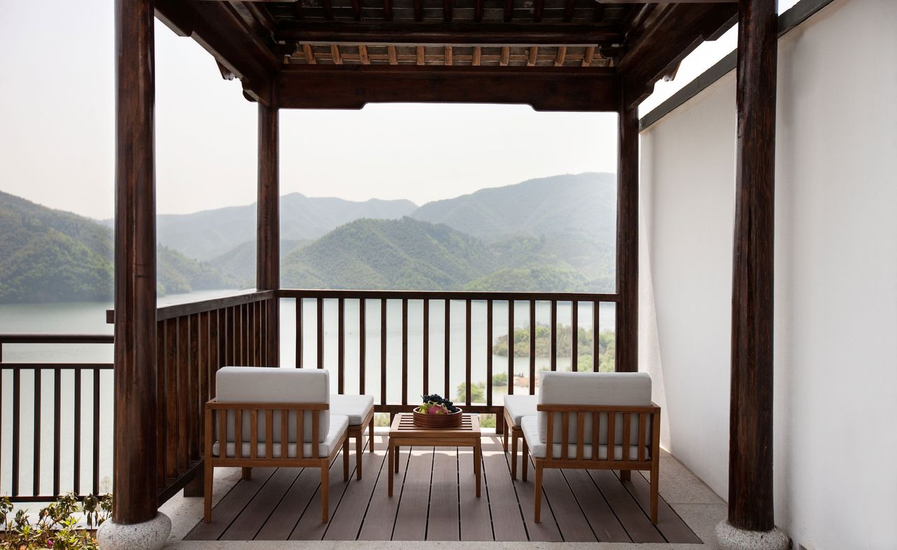 hotel sitting area with mountain view