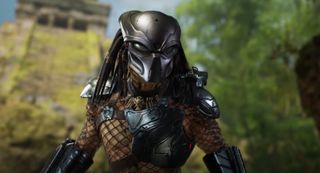 A masked alien with dreadlocks stands in a jungle setting