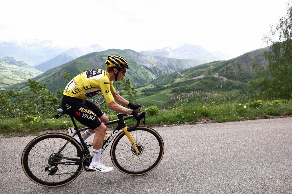 JumboVismas Danish rider Jonas Vingegaard leads the race at the Col de la Croix de Fer during the seventh stage of the 75th edition of the Criterium du Dauphine cycling race 148km between Port de Savoie to Col de la Croix de Fer Saint Sorlin France on June 10 2023 Photo by AnneChristine POUJOULAT AFP Photo by ANNECHRISTINE POUJOULATAFP via Getty Images