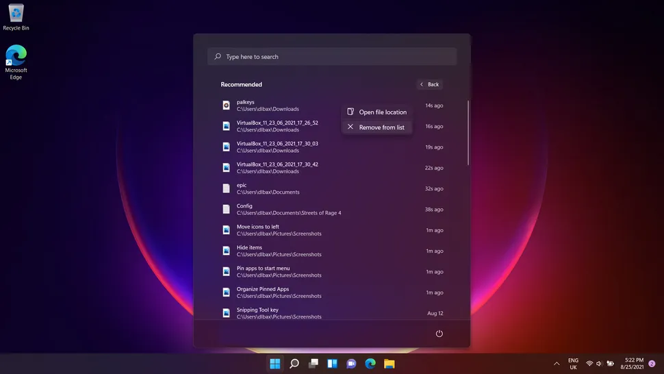 Windows 11, recommended applications in the Start menu