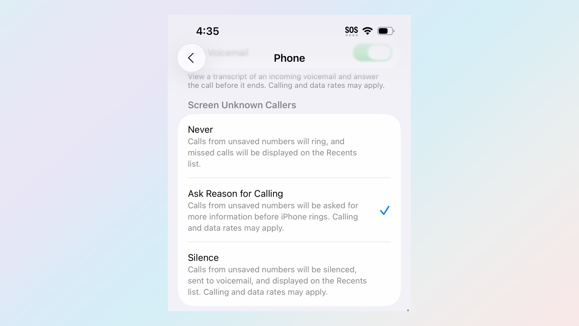 setting to enable call screening in iOS 26