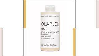 A beige tinted bottle of Olaplex No.4 Bond Maintenance Shampoo, with colored columns either side