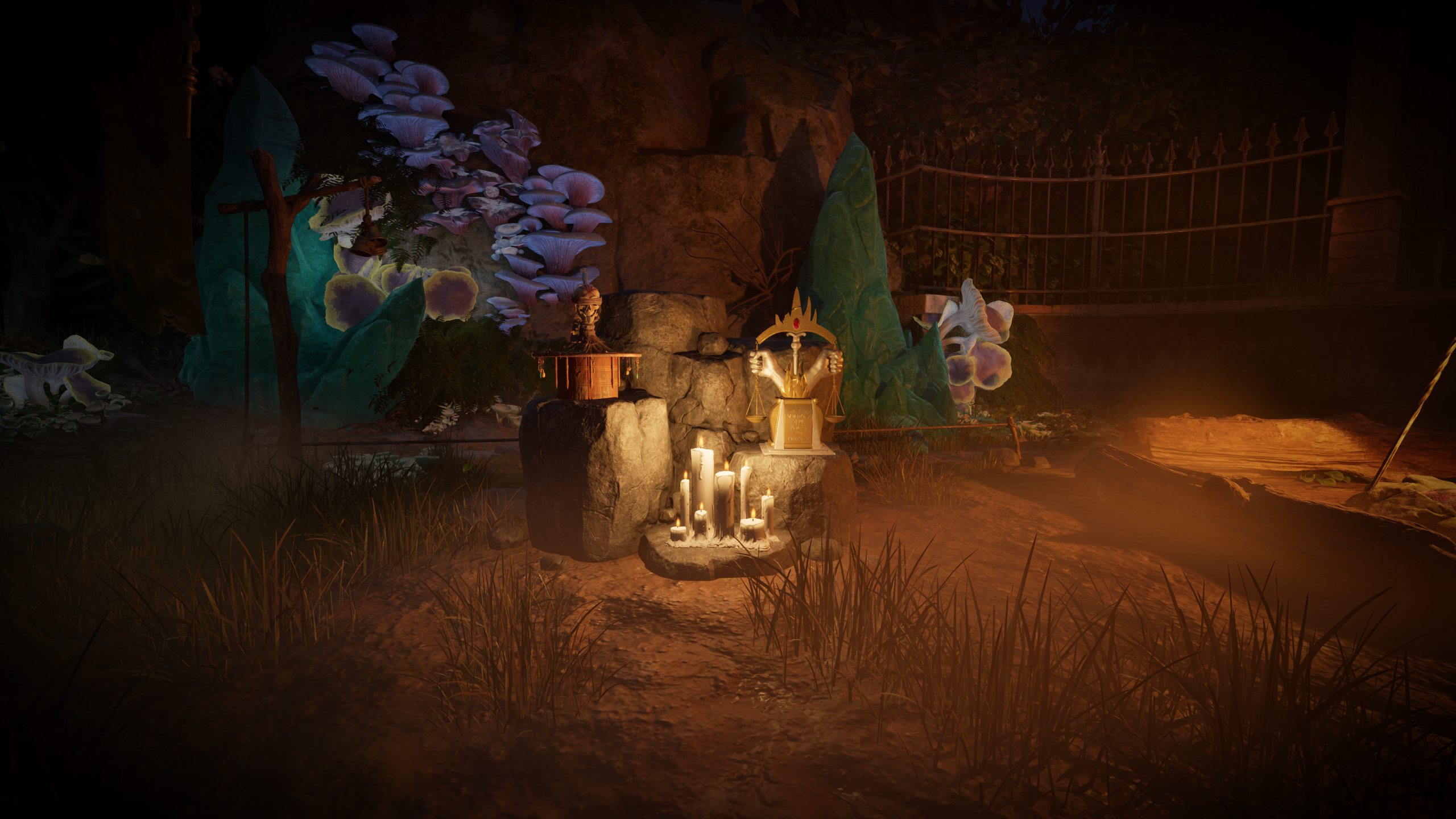 Avowed tips - Two god totems placed on a rock altar in a campsite at night.