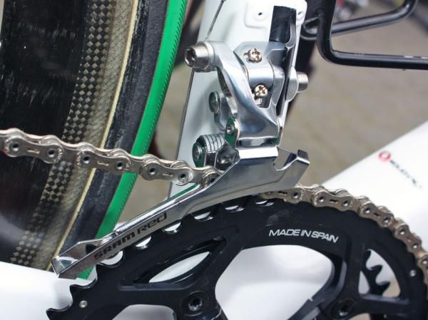 SRAM says this Red/Force hybrid front derailleur is a standard line item on its OEM price sheet.