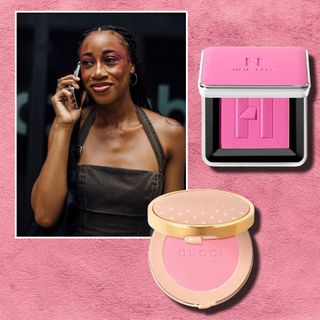 a pink powder background with a black woman wearing pink blush next to two pink blush compacts
