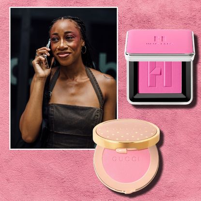 a pink powder background with a black woman wearing pink blush next to two pink blush compacts