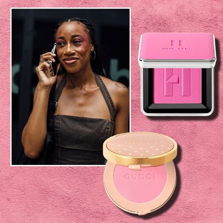 a pink powder background with a black woman wearing pink blush next to two pink blush compacts