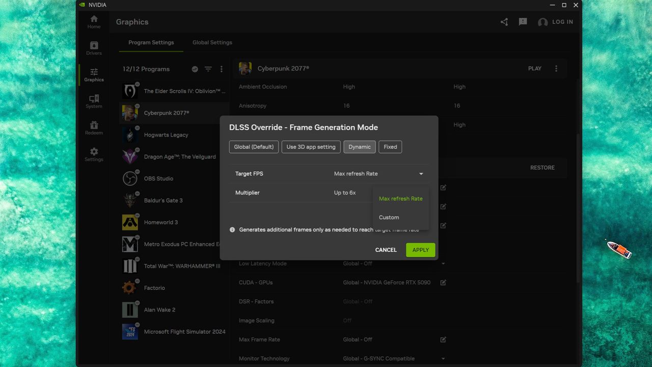 A screenshot of the Nvidia App, showing the frame generation mode override feature