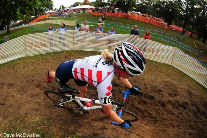 Katie Compton (Trek Cyclocross Collective) leading on lap three
