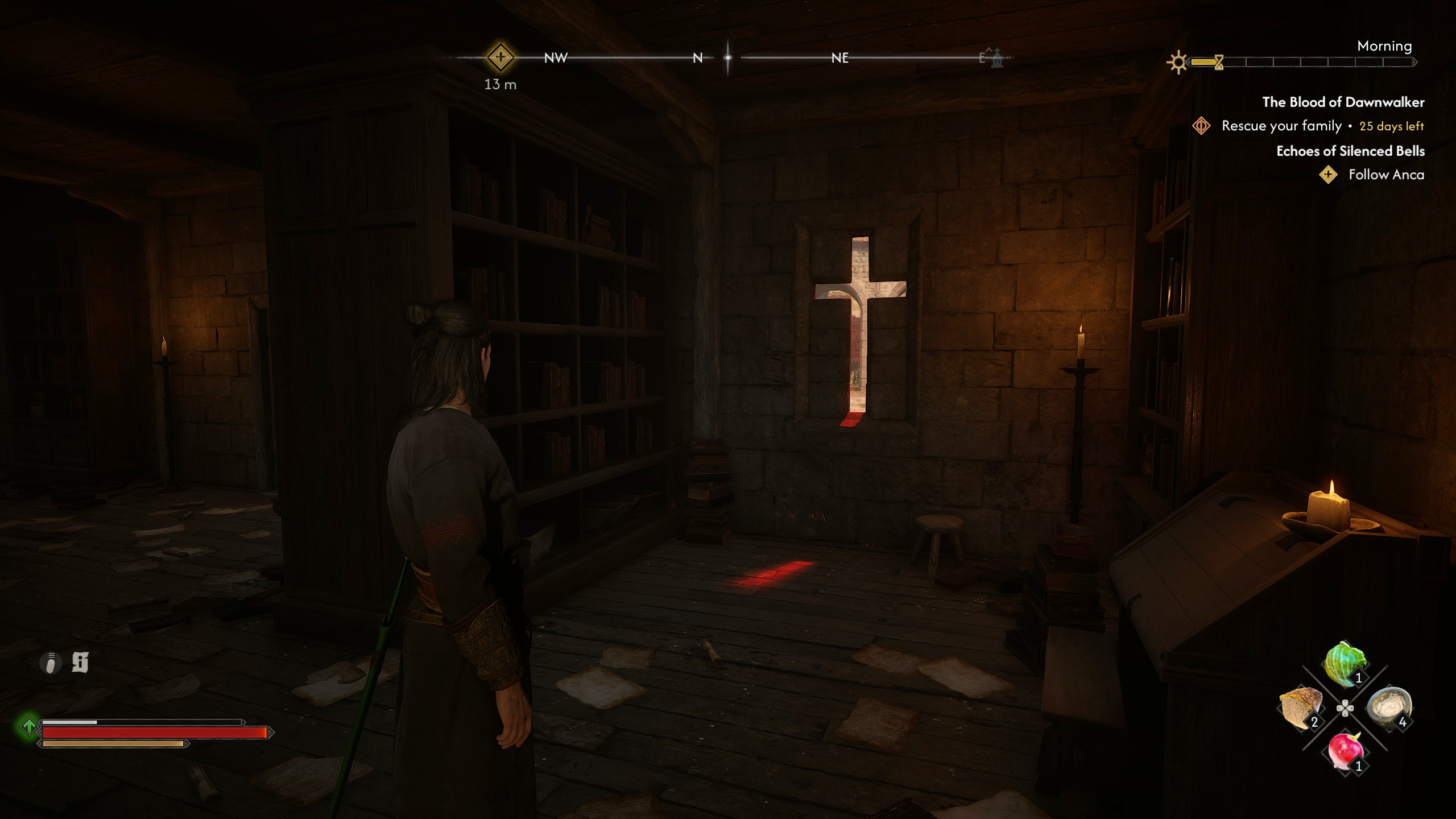 Red light coming in through a crucifix-shaped window in The Blood of Dawnwalker