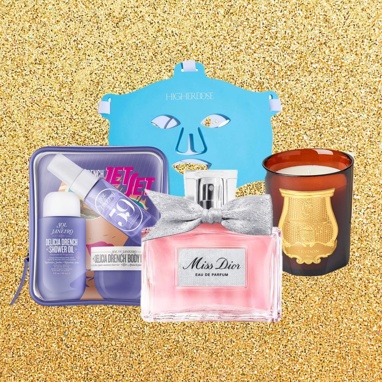 a collage of four luxury beauty products