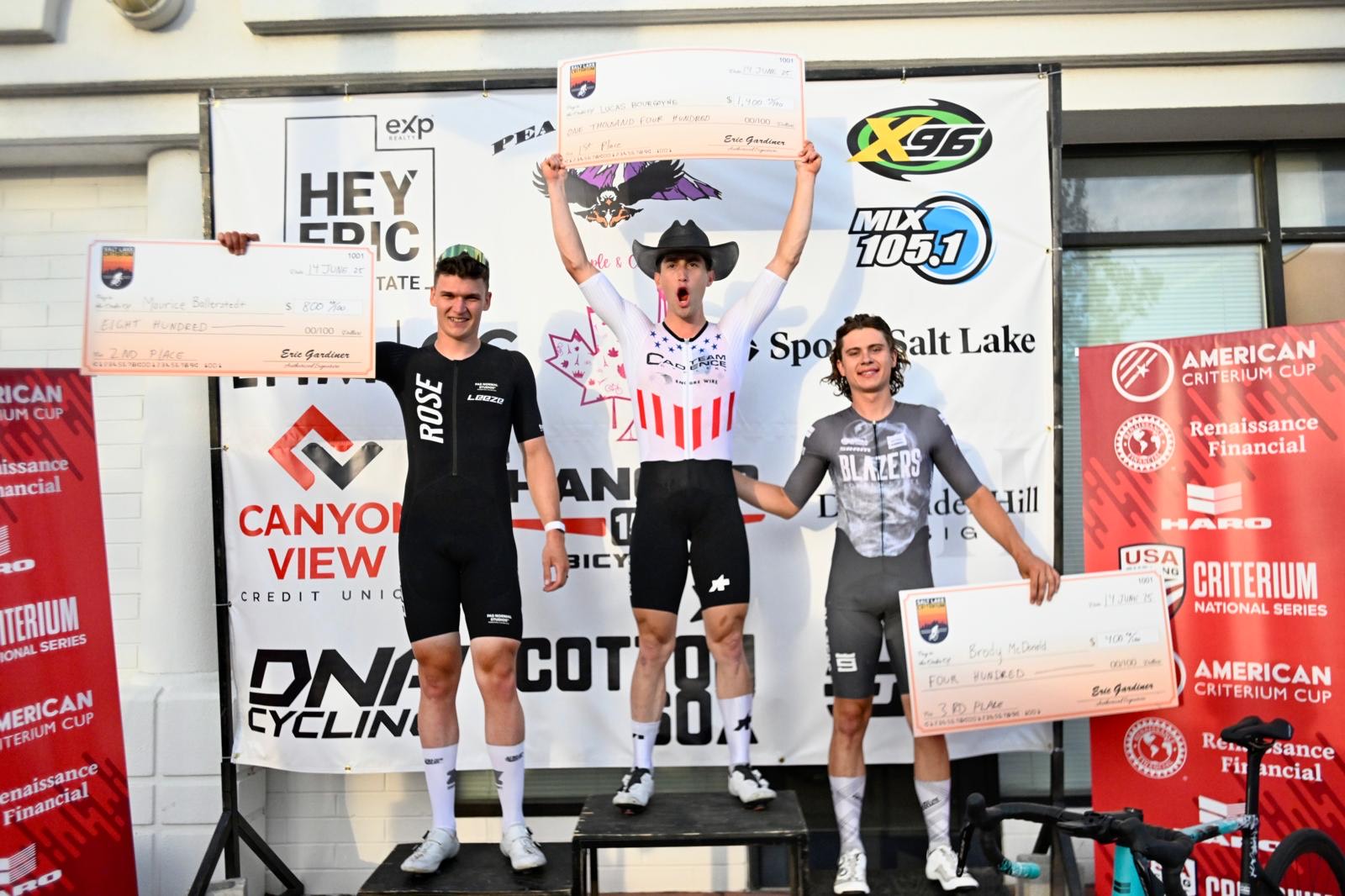 Men's podium at second stop of ACC (L to R): Maurice Ballerstedt (Baller) in second place, winner Lucas Bourgoyne (Cadence Cyclery p/b Encore Wire) and Brody McDonald (Golden State Blazers) third
