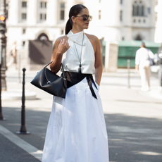 white summer outfit: maxi skirt and silk top
