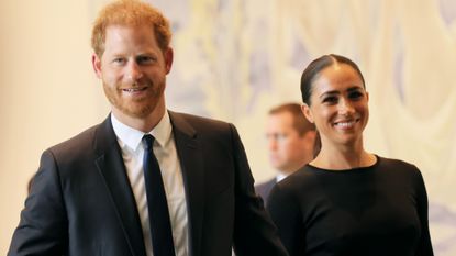 Meghan Markle wears Princess Diana's jewelry: Prince Harry, Duke of Sussex and Meghan, Duchess of Sussex arrive at the United Nations Headquarters on July 18, 2022 in New York City. Prince Harry, Duke of Sussex is the keynote speaker during the United Nations General assembly to mark the observance of Nelson Mandela International Day where the 2020 U.N. Nelson Mandela Prize will be awarded to Mrs. Marianna Vardinogiannis of Greece and Dr. Morissanda Kouyaté of Guinea. 