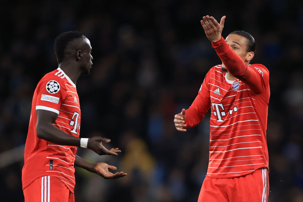 Sadio Mane of Bayern Munich (R) and Leroy Sane of Bayern Munich argue with each other during the UEFA Champions League quarterfinal first leg match between Manchester City and FC Bayern München at Etihad Stadium on April 11, 2023 in Manchester, United Kingdom.