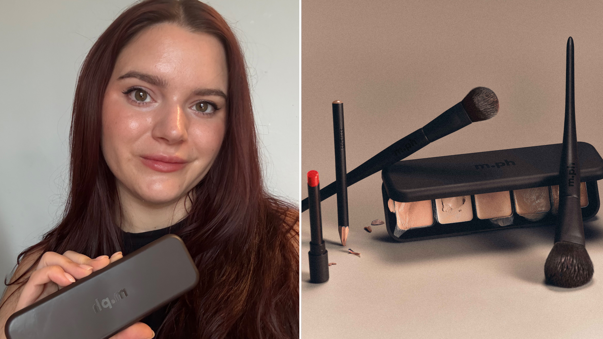split image of brooke knappenberger wearing m.ph makeup alongside stylized m.ph line on beige gradient background 