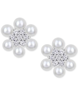Cultured Freshwater Pearl (3-3-1/2mm) &amp;amp; Lab-Created White Sapphire (1/3 Ct. T.w.) Flower Cluster Stud Earrings in Sterling Silver