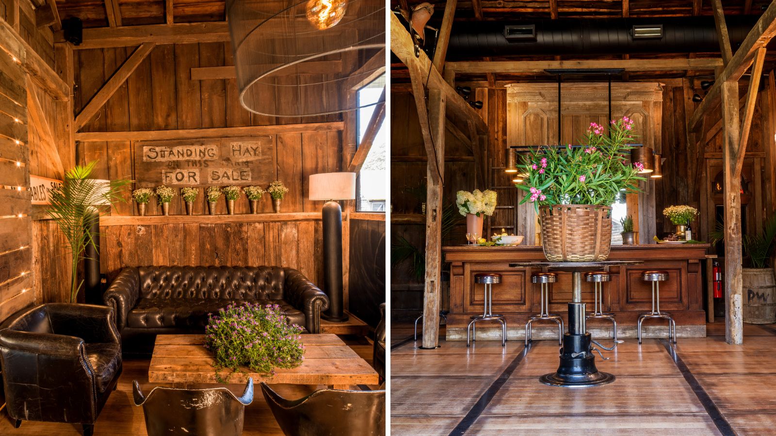 Two images showing a cozy corner of a wooden barn with brown Chesterfield sofas on the left and a rustic bar area on the right