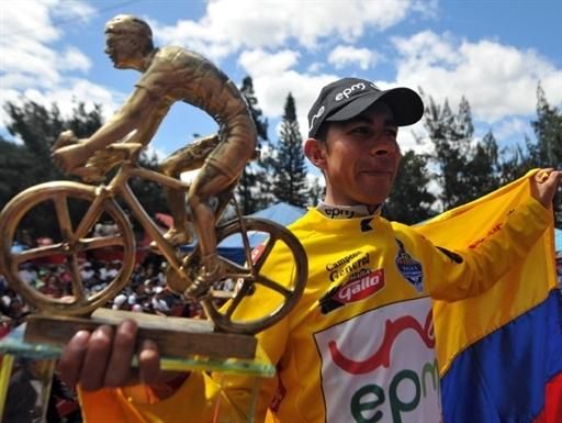 Giovanny Baez holds the trophy for overall winner of Tour of Guatemala