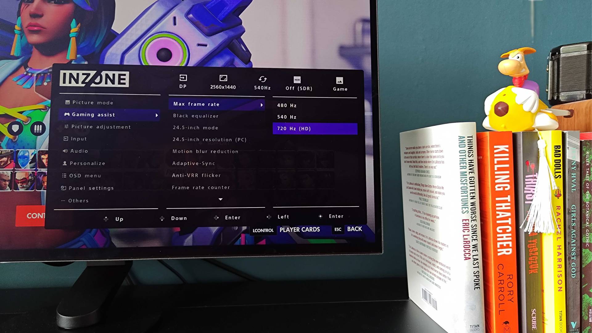 Sony Inzone M10S II with OSD menu open in right hand corner and 720Hz (HD) selected.