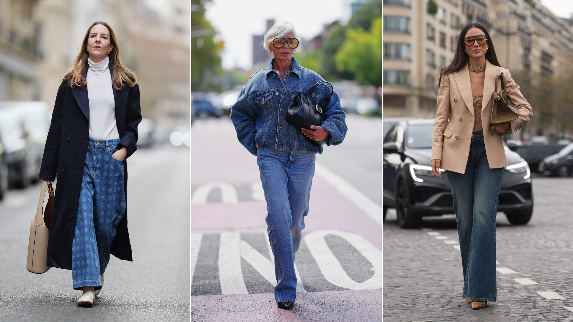 Three women are photographed walking down the street wearing different types of jean outifts