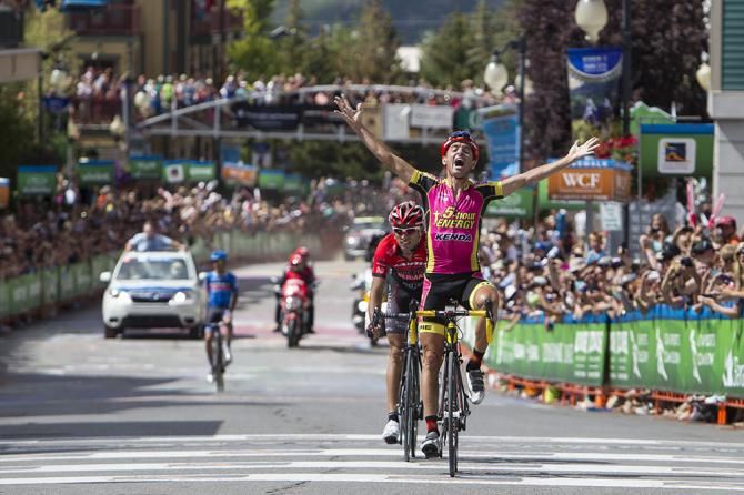 Francisco Mancebo (5-Hour Energy p/b Kenda) celebrates as he crosses the finish line first on the final stage of the Tour of Utah