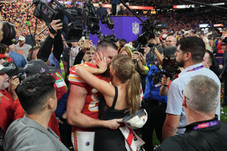 Travis Kelce and Taylor Swift at Super Bowl 2024.