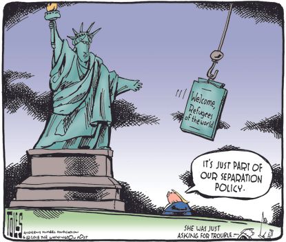 Political cartoon U.S. Statue of Liberty Trump refugees immigration policy family separation