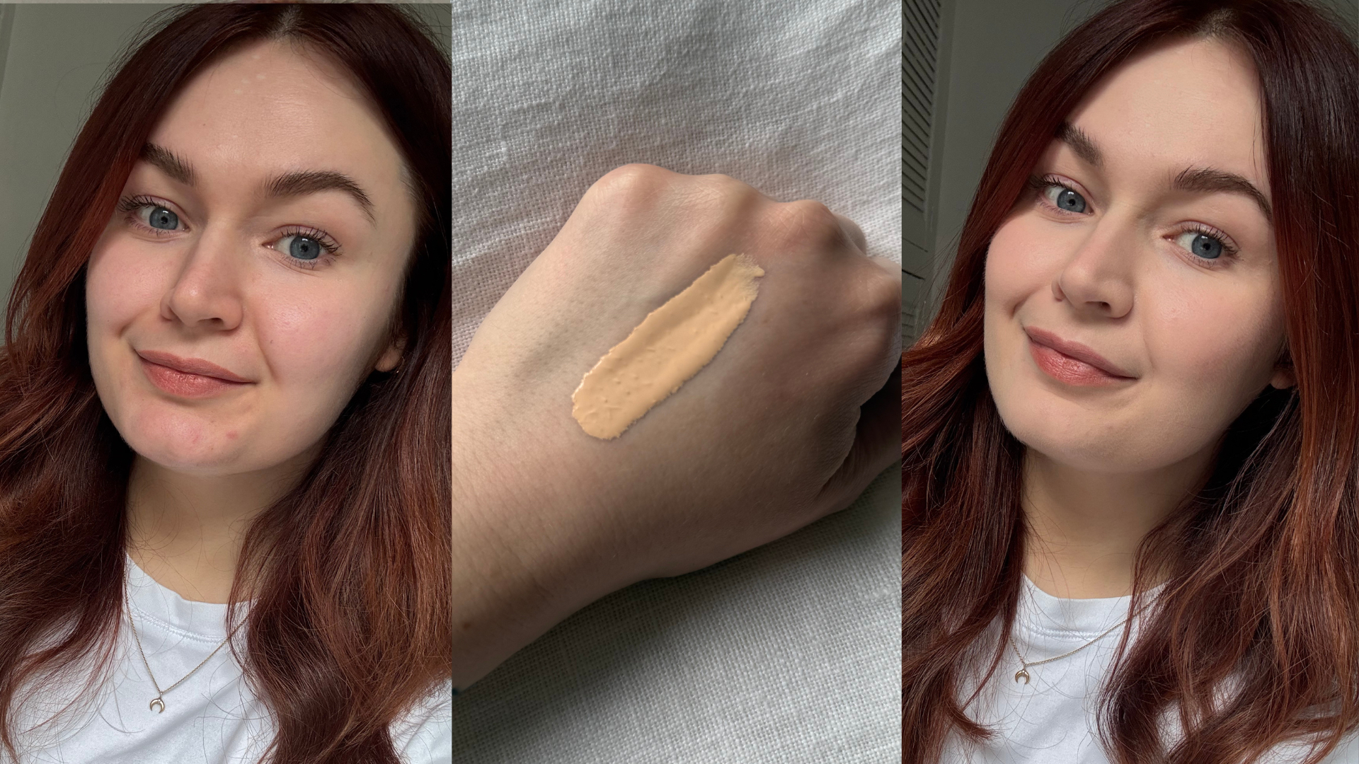 Trio of images showing Lucy before applying the Fenty Beauty Pro Filtr Soft Matte Foundation (left) a swatch of the product (centre) and wearing the foundation (right)