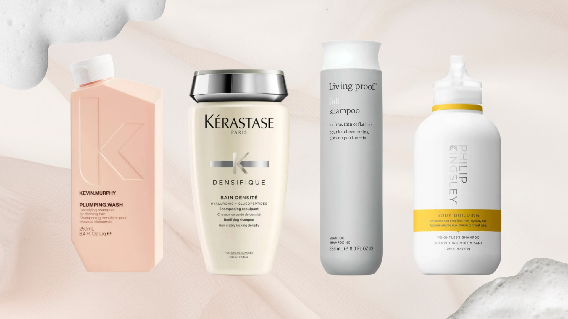 Collage of 4 of the best shampoos for fine hair in this guide from (left to right) Kevin Murphy, Kerastase, Living Proof and Philip Kingsley, set against a pink fabric background with 2 foam swatches