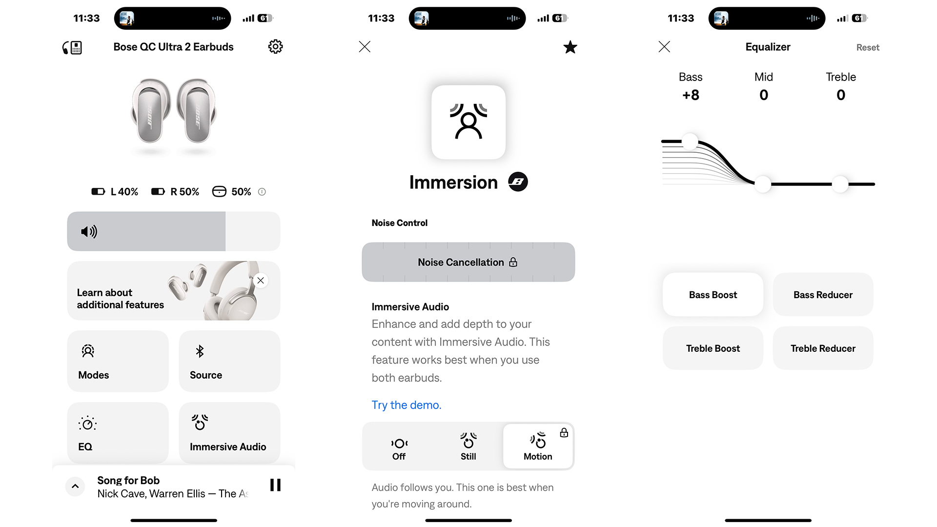 Bose QuietComfort Ultra Earbuds (2nd Gen) wireless earbuds app on three smartphone screens