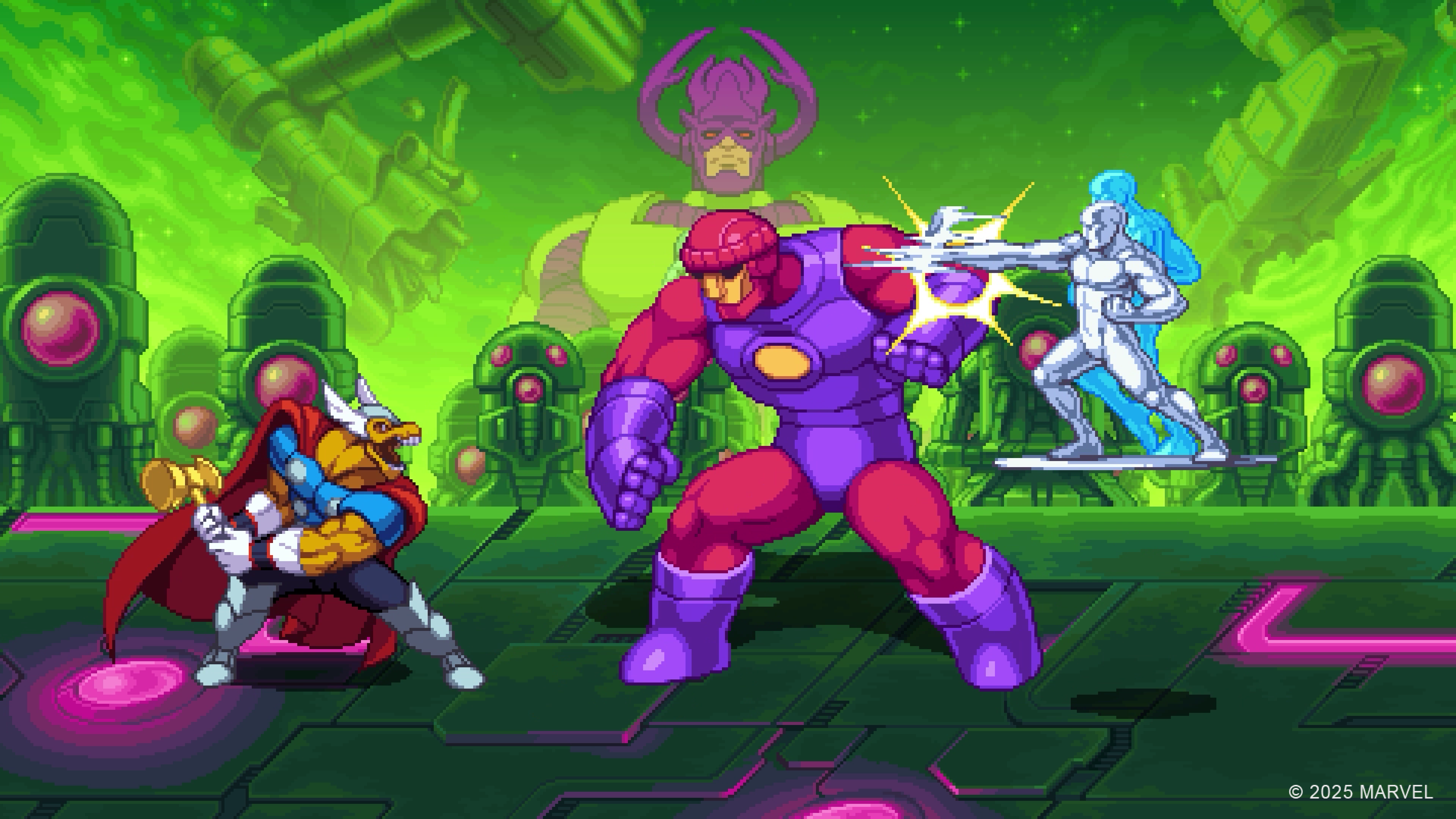 Retro art style, Marvel characters fight in a 2D art game