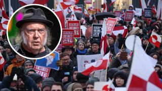 Protesters waving flags in Nuuk, Greenland and (inset) Neil Young 