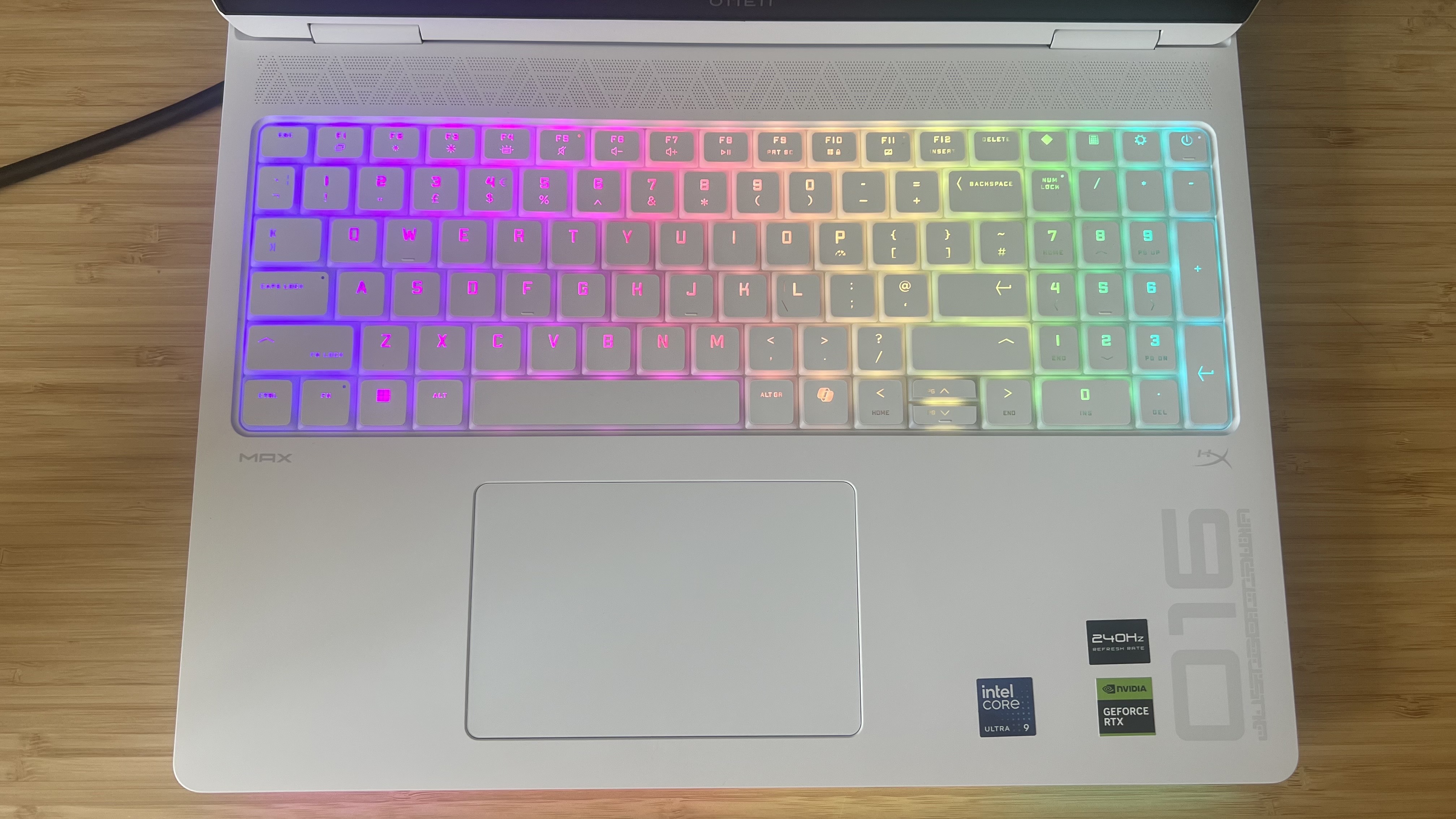 Top down view of RGB keyboard on HP Omen Max 16 gaming laptop