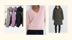a selection of padded jackets hanging on a rail, a women wearing a pale pink cashmere sweater and a model wearing a long puffer coat in the Uniqlo Black Friday deals
