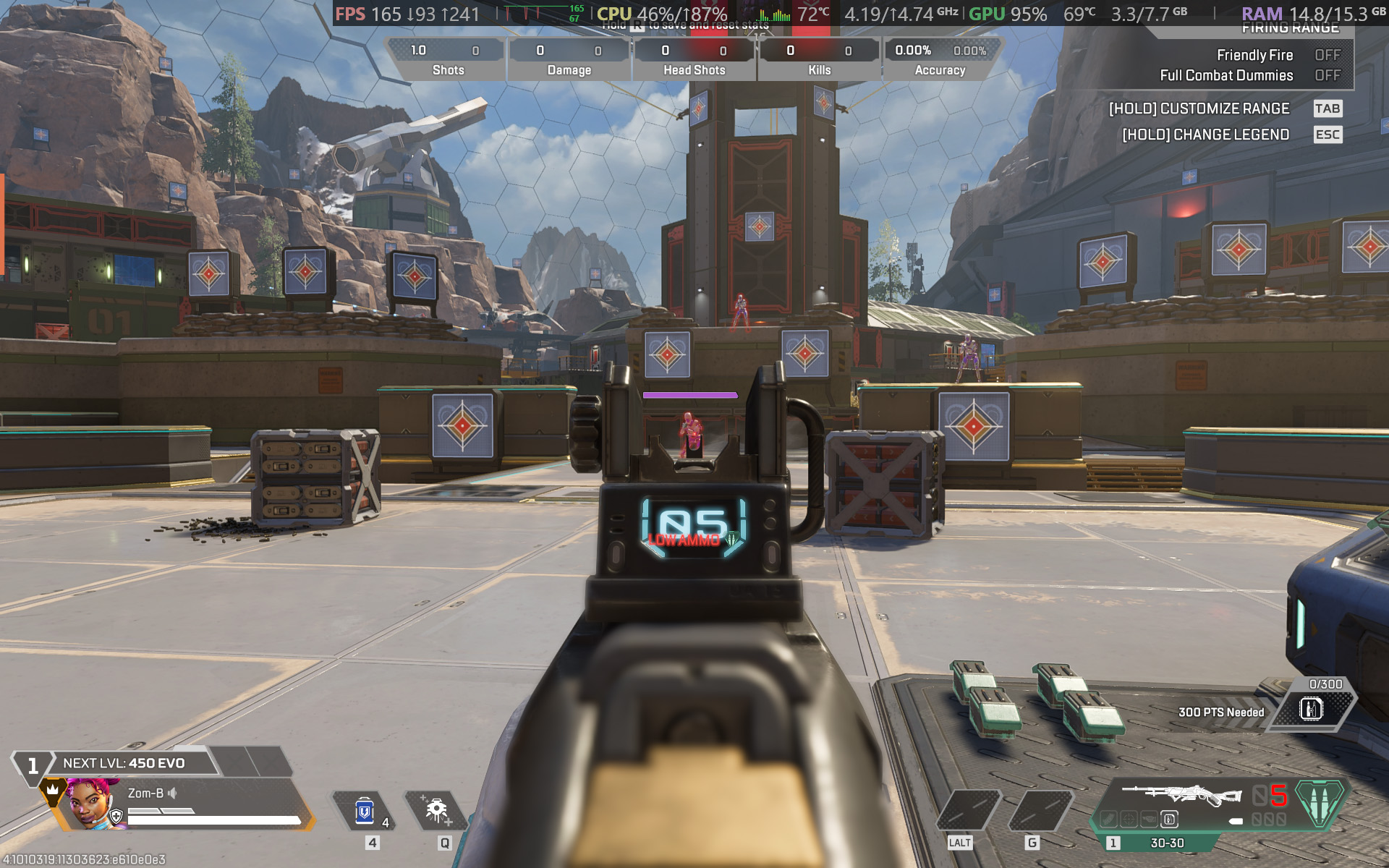 Apex Legends gameplay screenshot showing gun sights and UI elements running on an Alienware 15 laptop