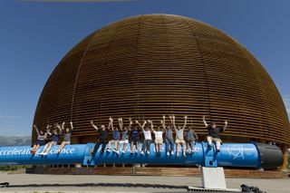 Students outside LHC's home, the CERN physics lab
