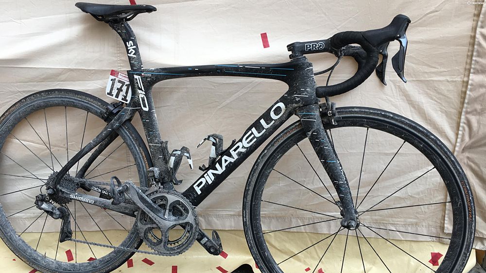 Michal Kwiatkowski's dirt splattered Pinarello Dogma F10 following the Strade Bianche