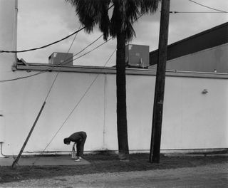 an individual bending over on the sidewalk next to a tree and in front of a white wall