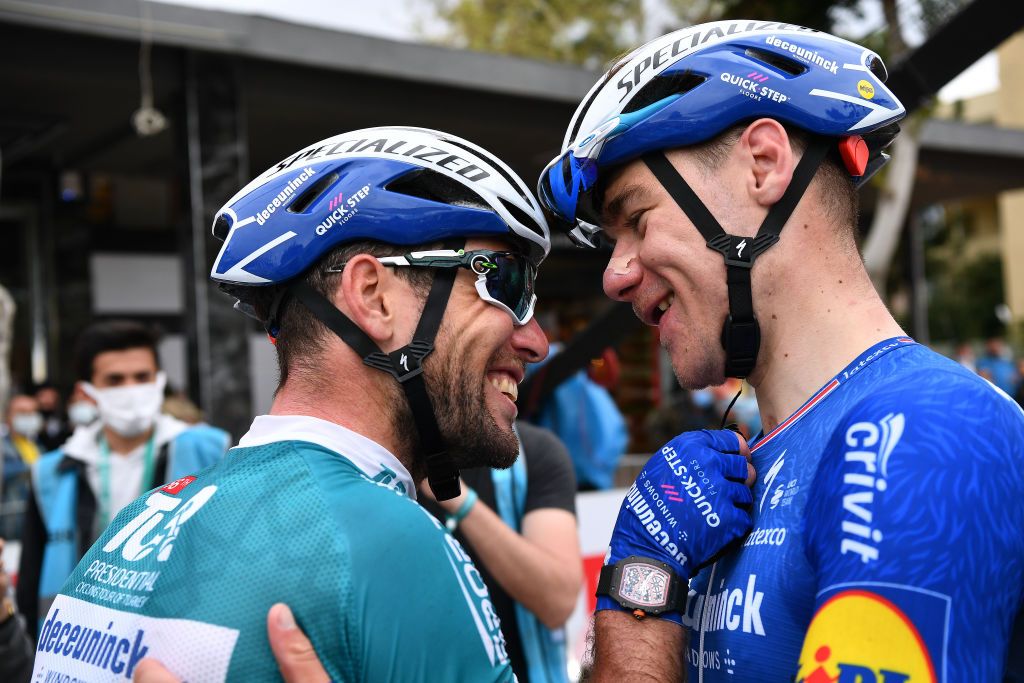 KEMER TURKEY APRIL 14 Arrival Mark Cavendish of United Kingdom and Team Deceuninck QuickStep Turquoise Leader Jersey Fabio Jakobsen of Netherlands and Team Deceuninck QuickStep Celebration during the 56th Presidential Cycling Tour Of Turkey 2021 Stage 4 a 1844km stage from Alanya to Kemer TUR2021 tourofturkeyTUR on April 14 2021 in Kemer Turkey Photo by Stuart FranklinGetty Images