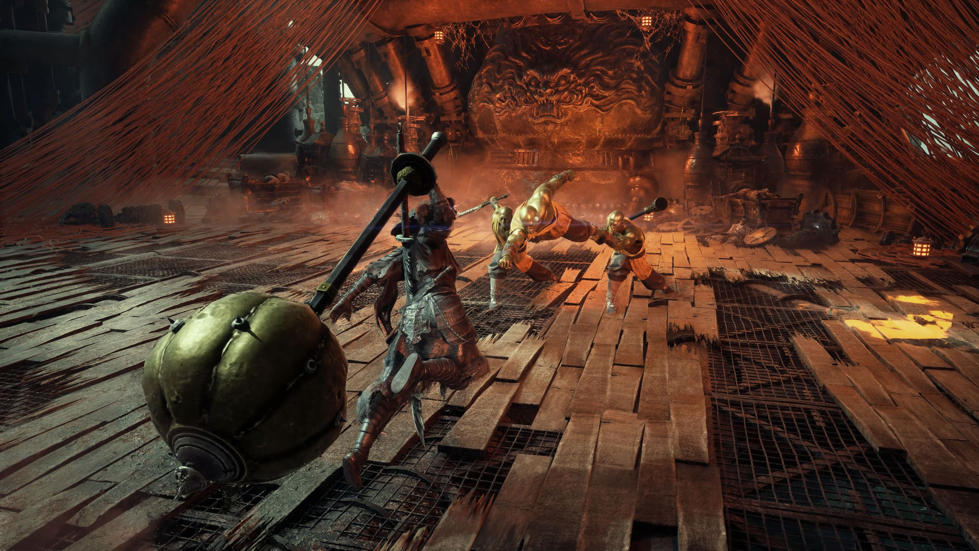 Golden enemies in a temple lunge towards Soul in Phantom Blade Zero as he readies an orb-shaped giant weapon to strike