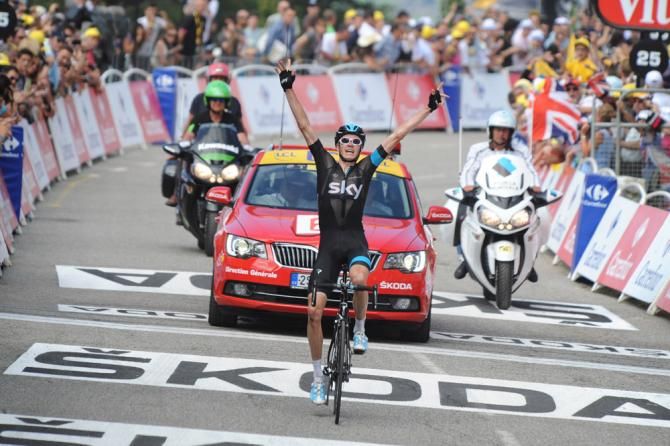 Chris Froome (Sky) celebrates victory at the 2013 Tour's first mountain finish at Ax 3 Domaines